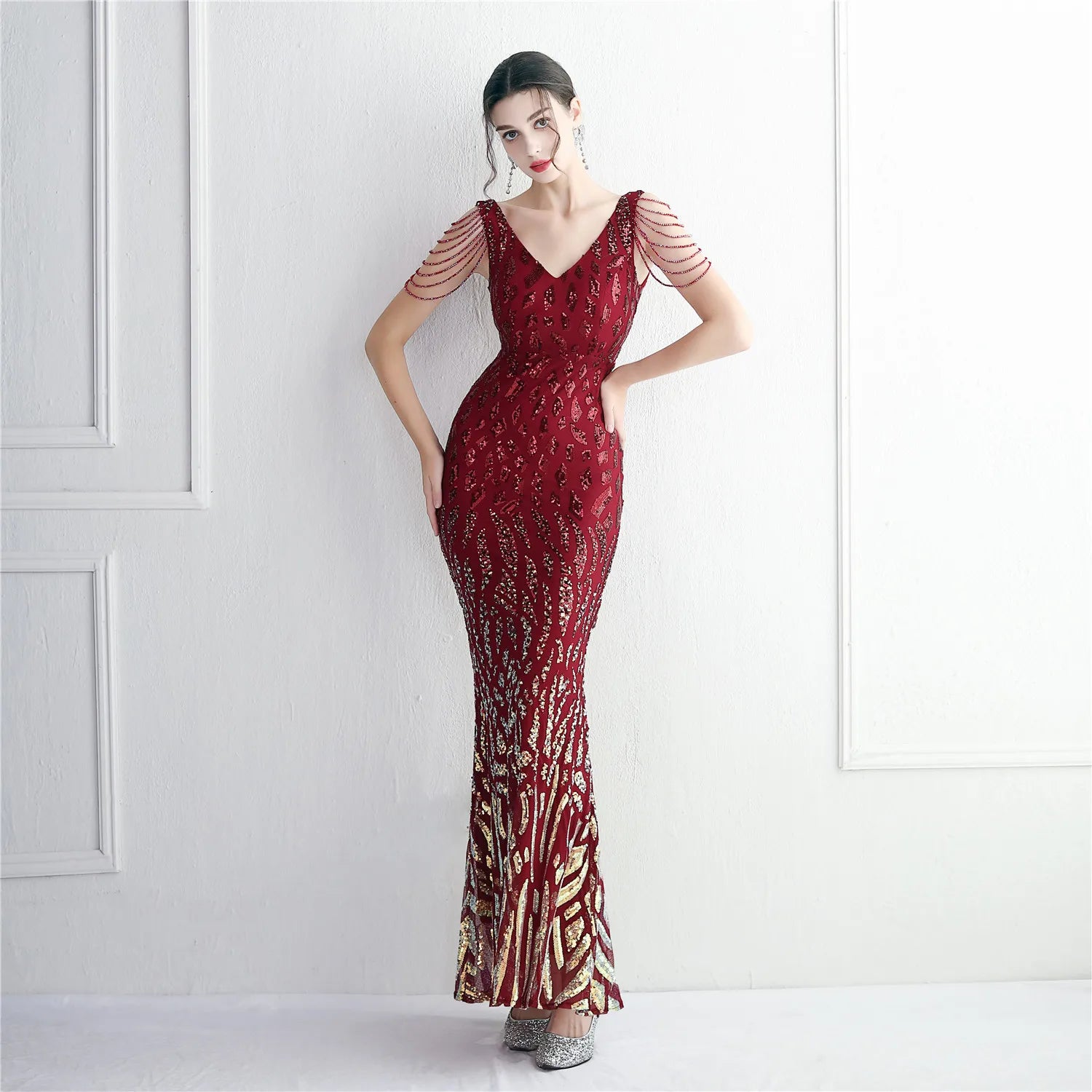 19279# Sequin Order Beaded Socialite Party Style Split Long Short Sleeve Sequin Fishtail Dress