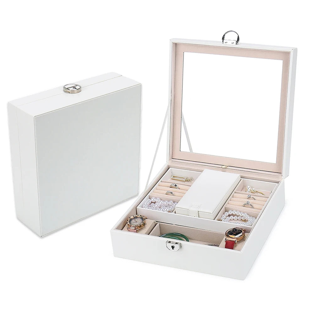 Case Leather Rectangular Shape Custom Logo Large Portable Bulk LuxuryJewelry Woman Travel Box With Mirror
