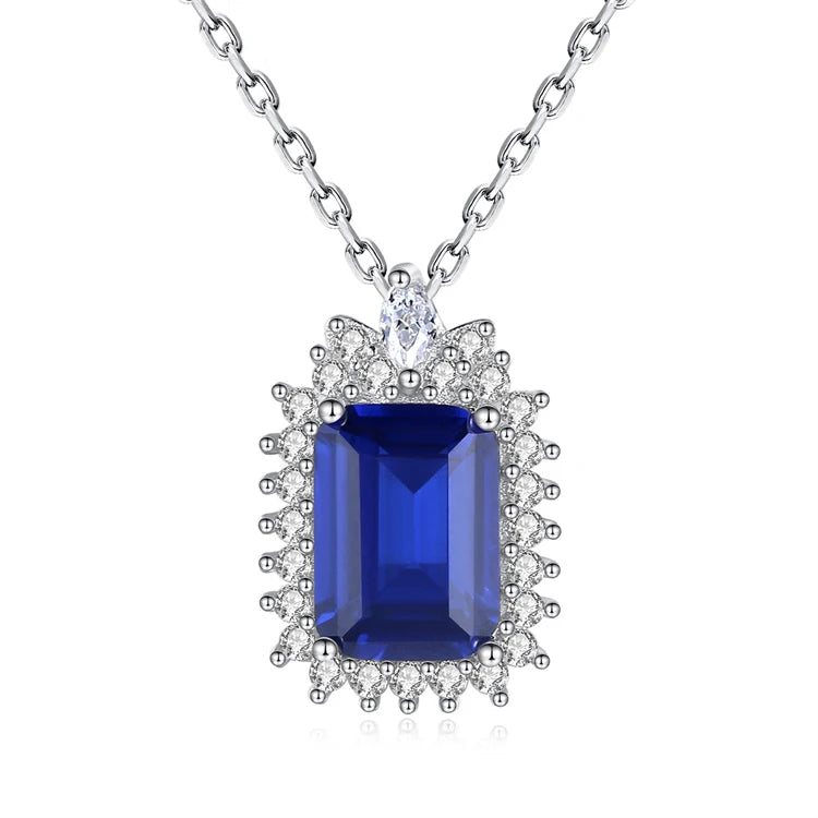 Luxury Fine Jewelry Square Shape Gemstone Pendant 925 Sterling Silver Sapphire Gemstone Necklace for Women