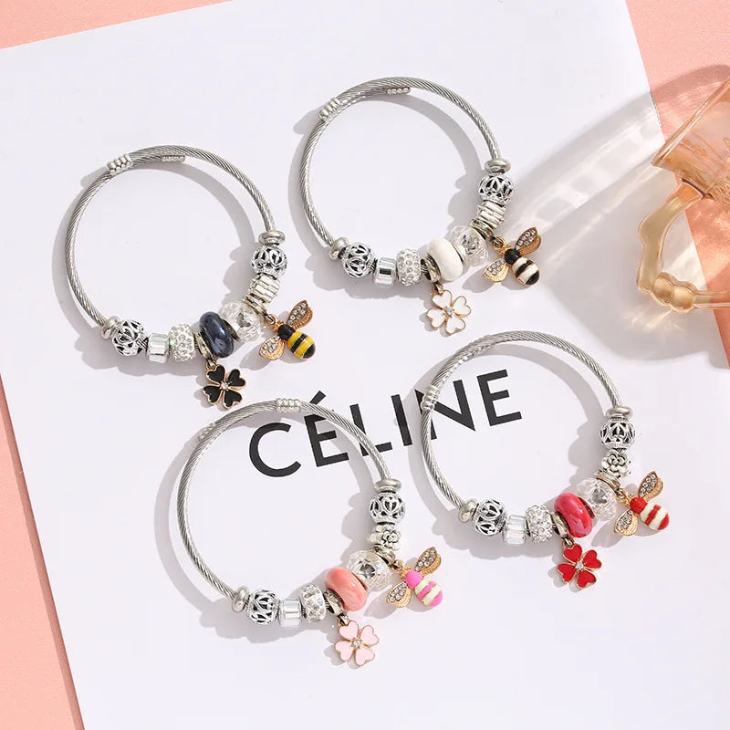 Fashion DIY Bee Flower Pendant Bangle Adjustable Crystal Beads Bracelet for Women Girls