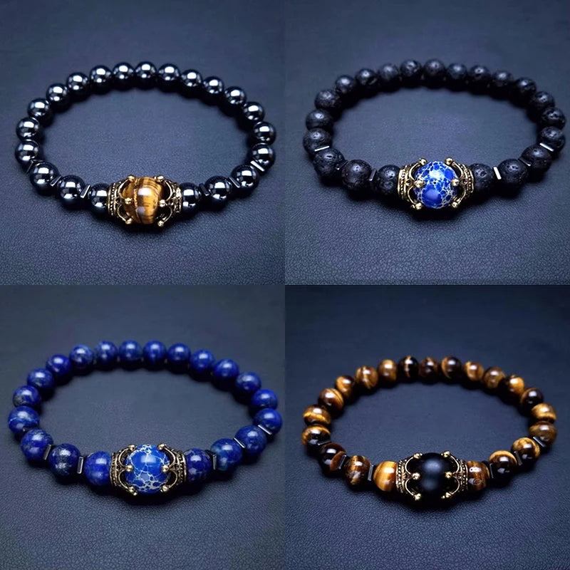 New Fashion Crown Natural Stone Beads Tiger Eye Lava Lapis Charm Bracelets for Men Gemstone Beads Bracelet