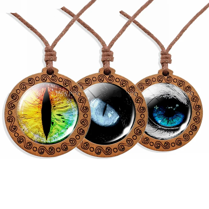 Wolf's Eye Necklace Dragon's Eye Fantasy Animal Eye Pendant Wooden Necklace Wax Leather Cord Woven Jewelry