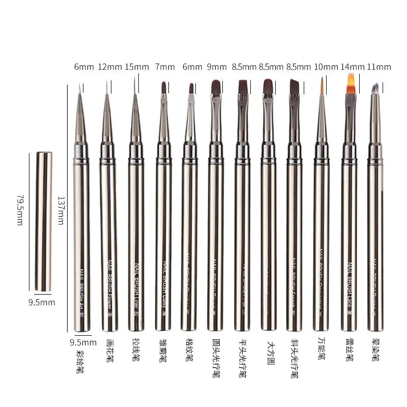 Hot Sale 12-Piece Professional Nail Art Brushes Set Liner Design Pen & Detail Brush for Gel Polish Acrylic Nails & Manicure