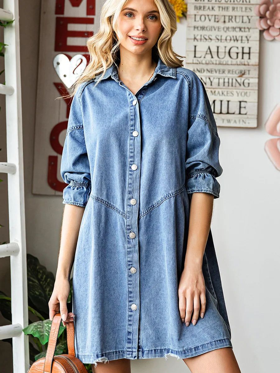 Spring Fall Women's Clothing Women Jeans Dress Ruffled Lapels Buttoned Shirt Skirts Casual Ladies Denim Dresses