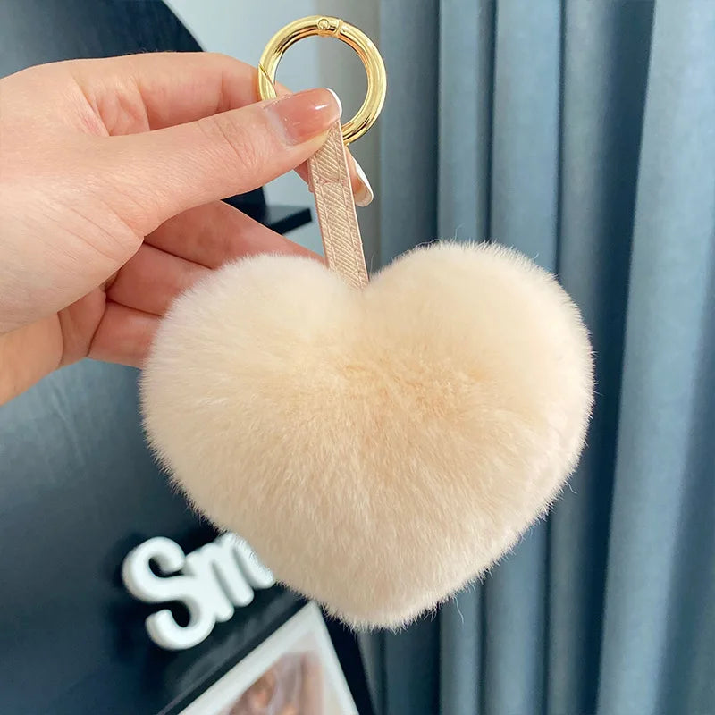 Real Rabbit Fur Ball Keychains Colors Heart Shape Promotional 10cm Bulk Pom Pom Rabbit Fur Ball Keychain Cute Gift for Children