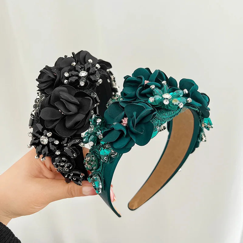 European American Baroque Increases Wide Edge Art Floral Headband Women Senior Sense Inlaid Rhinestone Hair Band