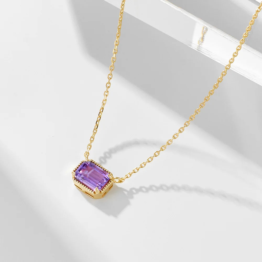 14K Gold Plated Rectangular-shaped Natural Amethyst Pendant Necklace 925 Sterling Silver Gemstone Collarbone Chain Minimalist