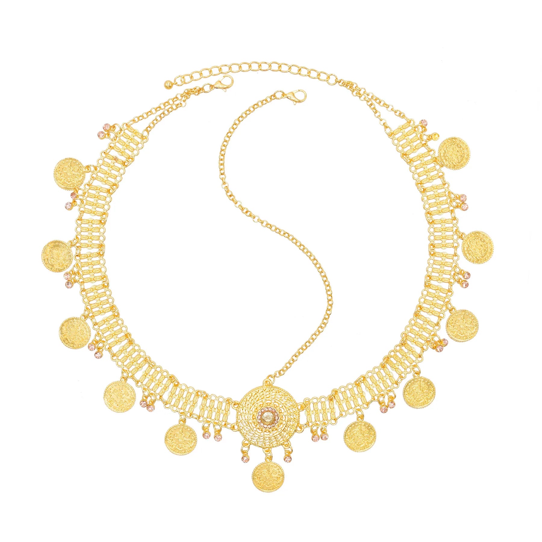 Indian Bohemian Style Gold Plated Coin Tassel Rhinestone Flower Dance Head Chain Metal Hair Accessory for Women Bridal Wedding