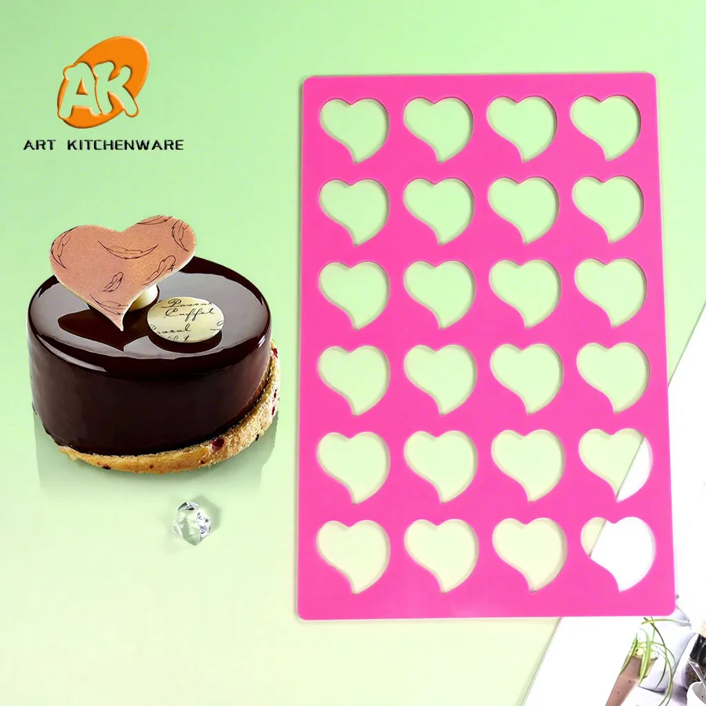 AK New Heart Rubber Chocolate Chablon Tuile Stencils Chocolate Flake Chip Decoration Silicone Mold Mats Cake Decor Bakery Tools