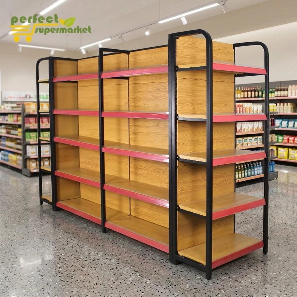 Factory Wholesale Heavy Duty Four-Post Solid Shelf Freestanding Metal Supermarket Shopping Shelf Display Rack Gondola