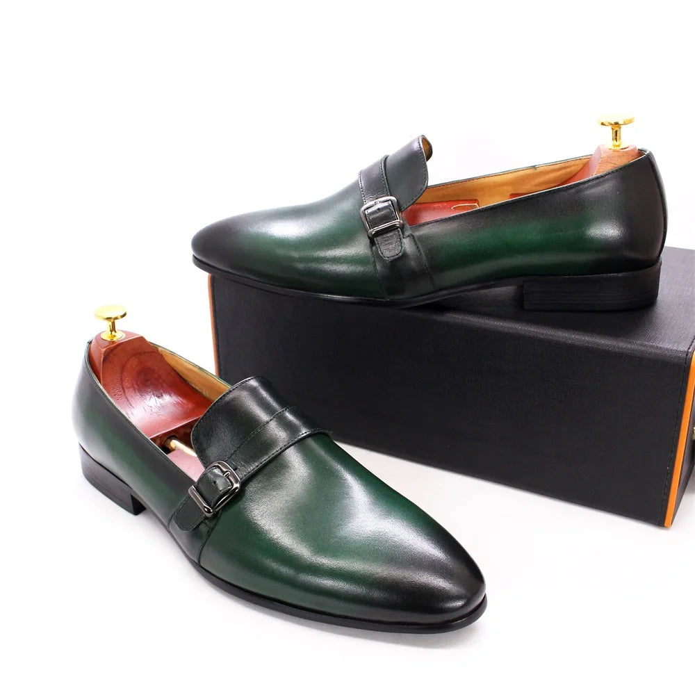 Custom Design Mocassin Shoes for Men Real Leather Green Loafers Handmade Monk Strap Casual Shoes MegaBDM