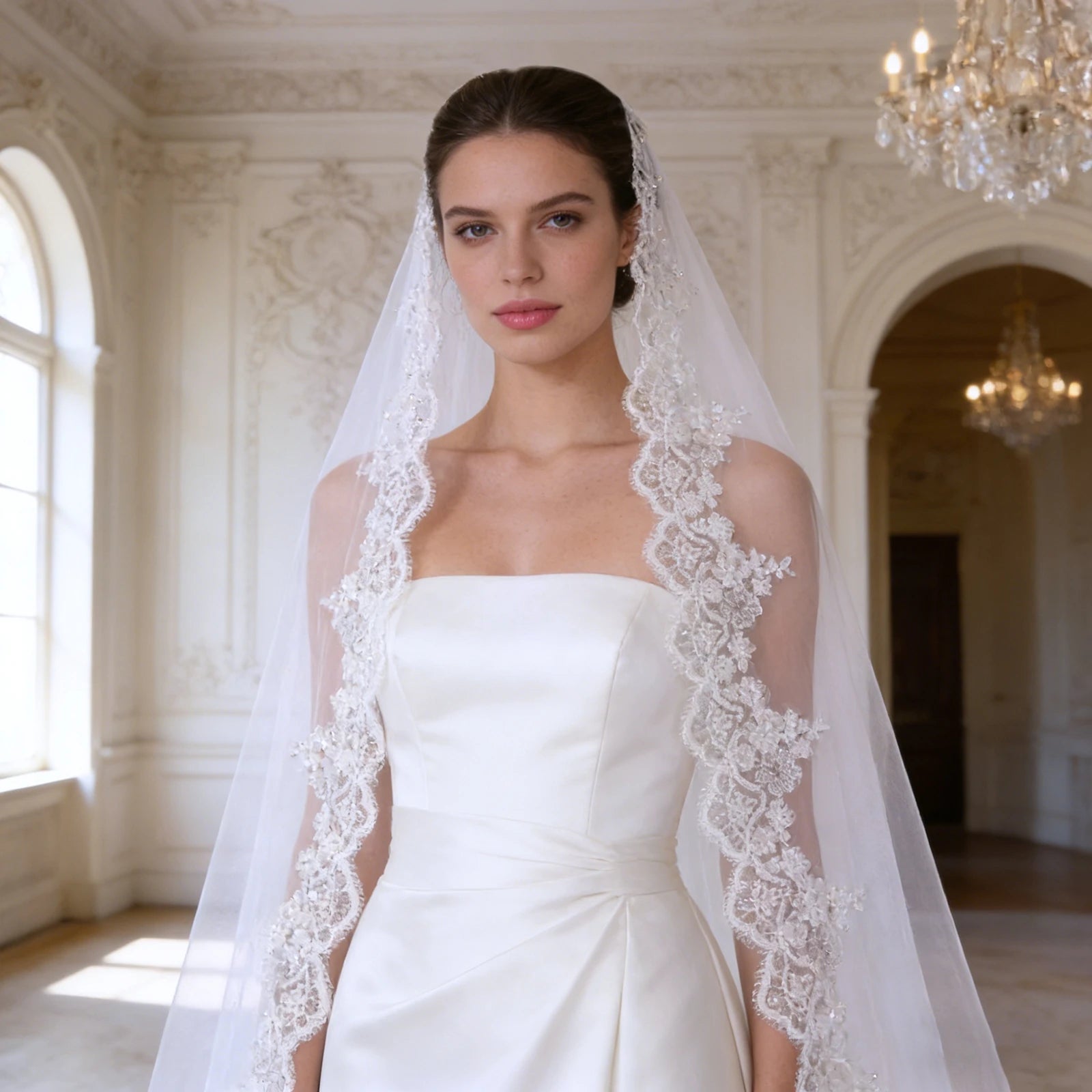 YouLaPan V152 Bridal Wide Sequins Floral Lace Trim Shell Shape 4M Long Cathedral Wedding White Cream-White Tulle Veil