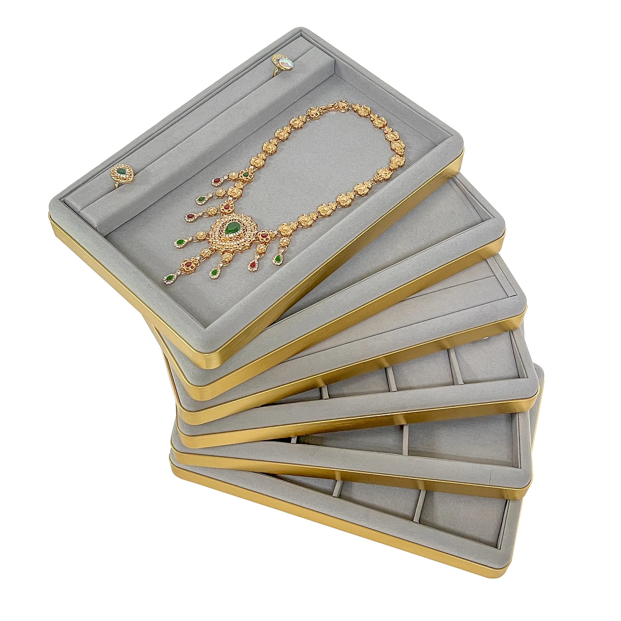 SKQ Wholesale in Stock Grey Suede Leather Necklaces Earrings Bracelets Rings Display Jewelry Tray