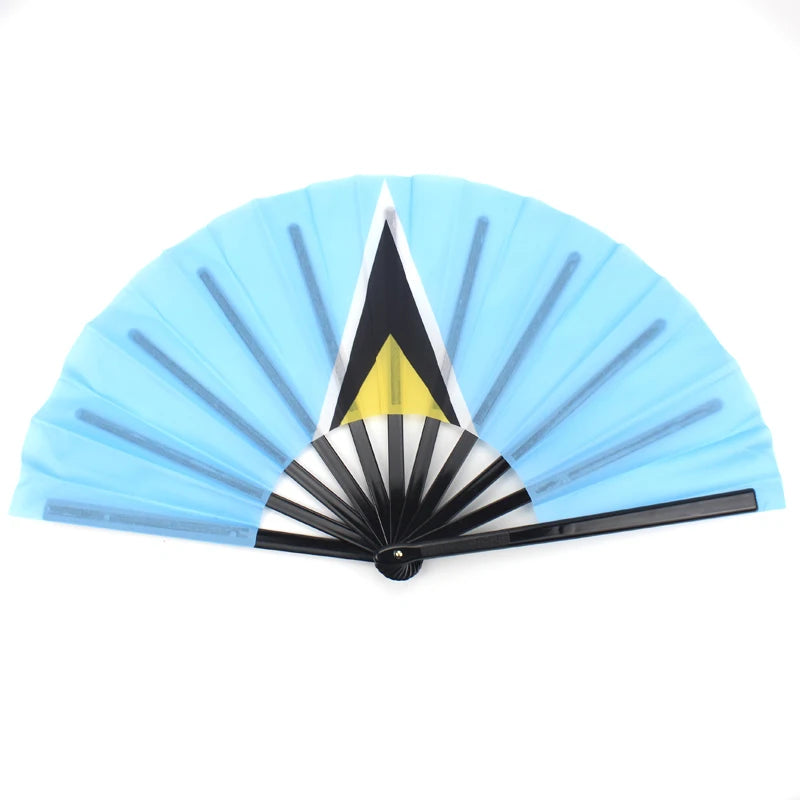 2025 New Arrival Customized Logo Printing Bamboo Hand Fans St Lucia Caribbean Flag Fans for Carnival