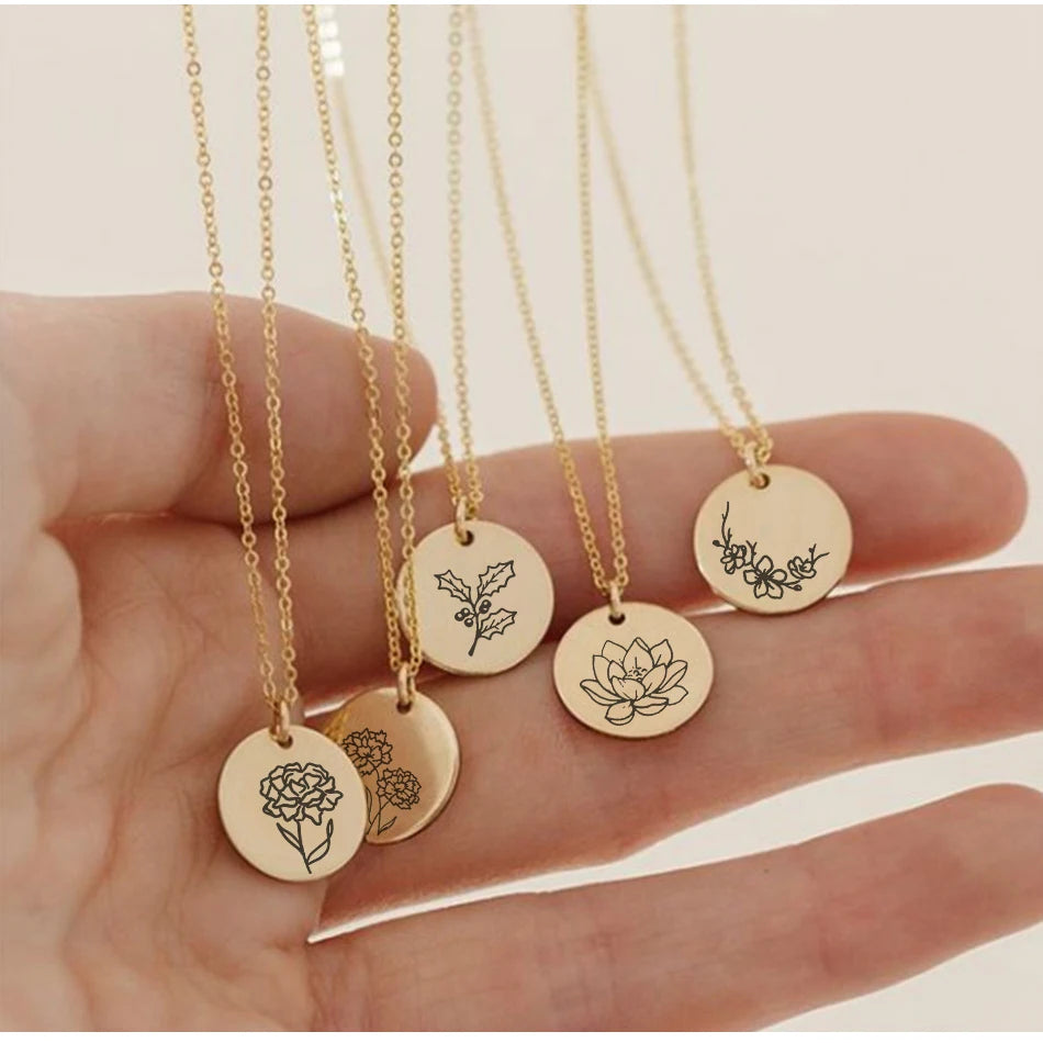 316L Stainless Steel Plants Cactus Sunflower Pine Flowers Custom Birth Flowers 13MM Round Disc Pendant Necklace