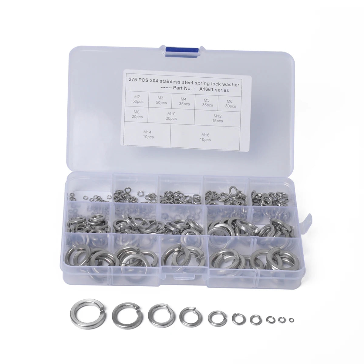 BAJUTU 275PCS M2-M16 304 Stainless Steel Spring Lock Washer Elastic Washer Split Lock Washer Combination Kit with Storage Box