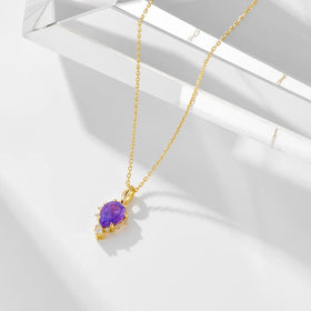 S925 Sterling Silver Natural Amethyst Pendant Necklace Vintage Gold Plated Teardrop Link Chain Gemstone Necklace for Women