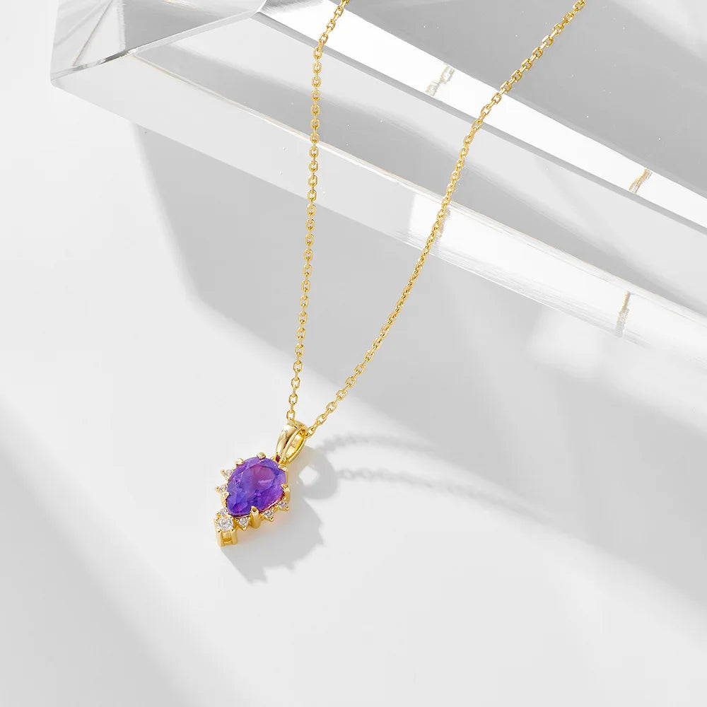 S925 Sterling Silver Natural Amethyst Pendant Necklace Vintage Gold Plated Teardrop Link Chain Gemstone Necklace for Women
