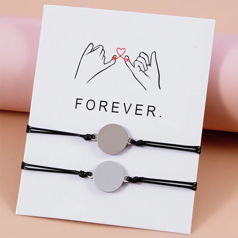 Manufacturer Engraving Stainless Steel Pinky Swear Heart Bracelet Couple Gift Jewelry Round Blank Charm Macrame Rope Bracelet