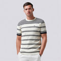 Men's Striped Sweater Viscose Blendshort Sleeve Pullover Light Blue and White Crew Neck Jumper