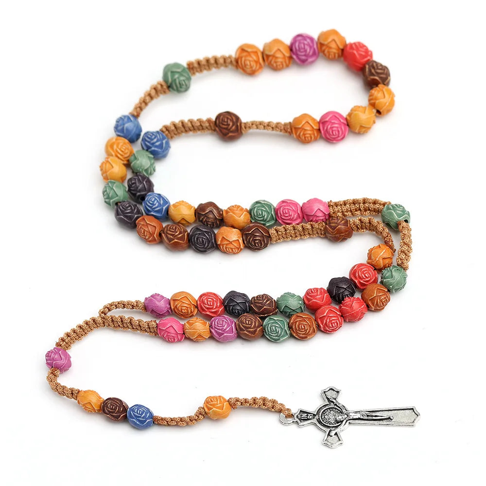 Hot Sale Colored Rose Beads Cross Necklace Catholic Rosary Jesus Christ Prayer Beads Religious Jewelry