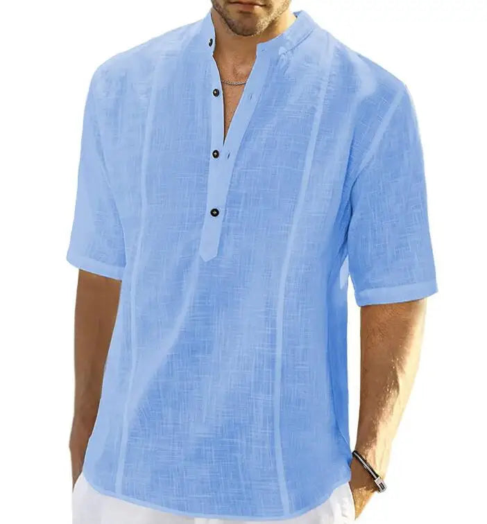 Men's Comfortable Casual Linen Shirt Summer Half Sleeves Solid Color V-neck Thin Tops Size S-3XL