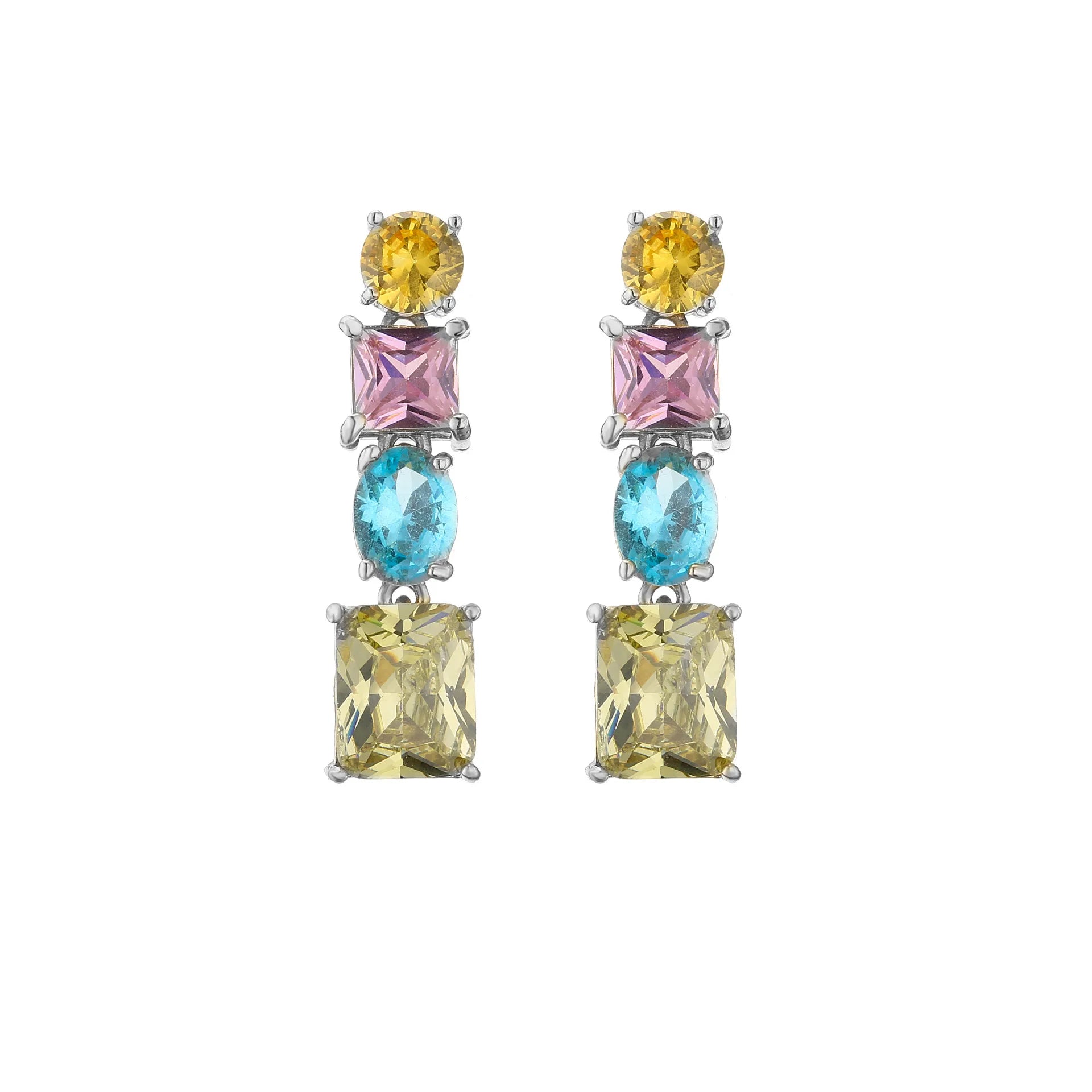 ODM Dainty 18k Gold Plated Pastel Colorful CZ Diamond Zircon Baguette Earring and Ring Jewelry Set