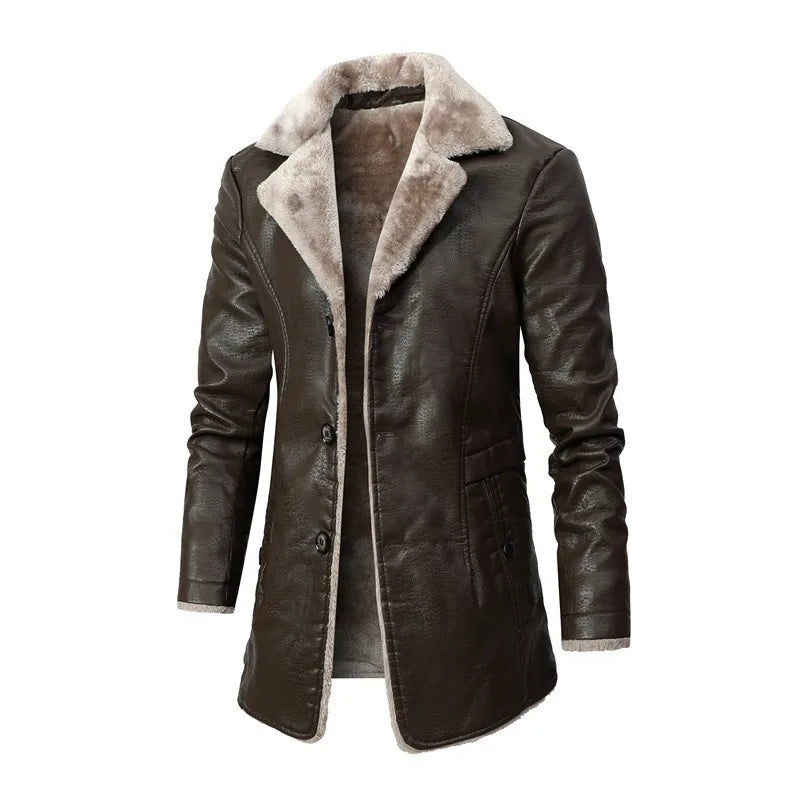 Mens Mid-length Pu Leather Jackets Winter Business Thick Fur Coats Male Faux Leather Motorcycle Outwear Coat Warm Clothes