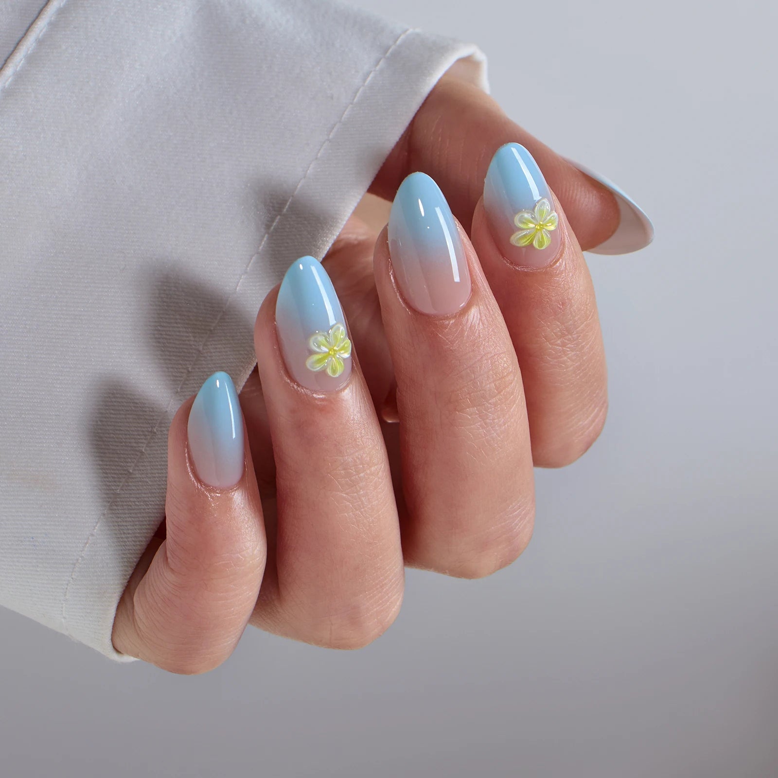 BTArtbox 3D Flower Press on Nails With Blue Ombre Design Soft Gel Wholesale Summer Almond Handmade False Fake Nails Press on