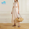 Custom Long Dress Plain Summer Women Elegant Casual Dresses Hollow Out O-Neck Linen Dress