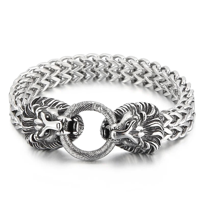 KALEN  Mens Stately Stainless Steel Lion Head Herringbone Link Bracelet