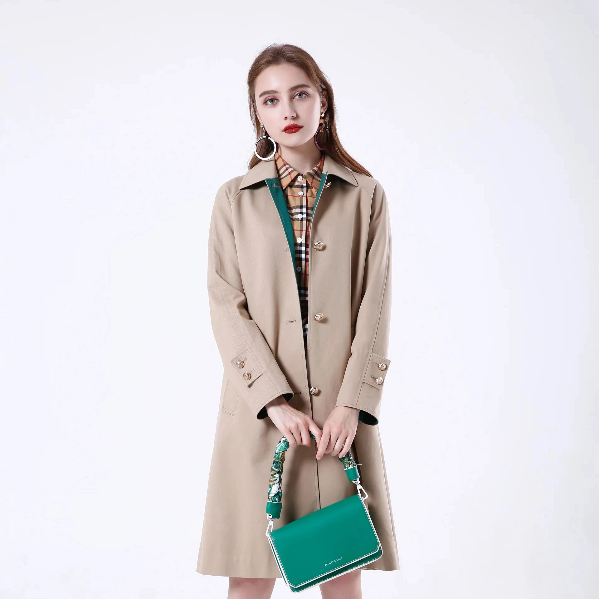 2023 Bosha Women'S Khaki Cotton Trench Coat Youth Long Casual Style With Buttons Solid for Autumn