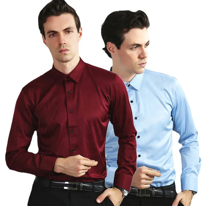 Mens No Iron Button Down Tuxedo Shirts Stretch Anti Wrinkle Male Blouse Business Office Tops Formal Shirt