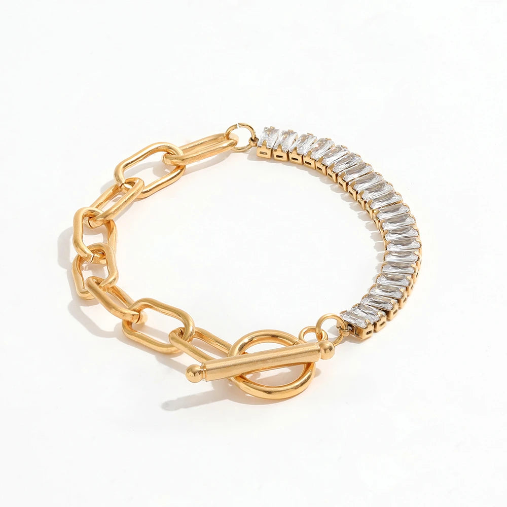 High End Gold Plated Luxury Rectangle Pave Link Chain Bracelet for Women Wholesale Jewelry