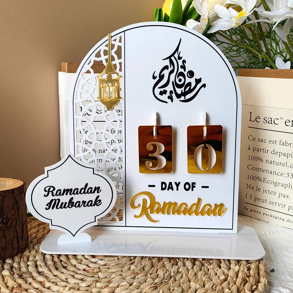 Ramadan Mubarak Acrylic Mirror Table Ornaments 30-Day Ramadan Advent Countdown Calendar for Muslim Home Decoration