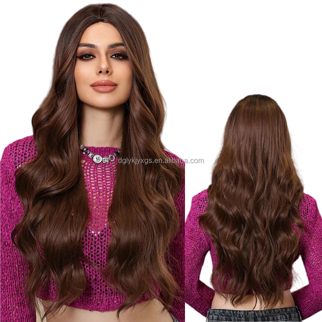 Wholesale New Style Synthetic Hair Wig 26-Inches Long Curly Wigs Flaxen Pink  None Lace  Halve Water Wave Wig for Women Hair