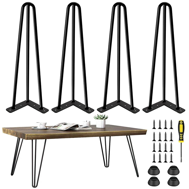 WELLTOP Metal Black Industrial Replacement Hairpin Legs 22 Inch 3 Rod Rubber Floor Protector for Kitchen Hotel & Outdoor Use