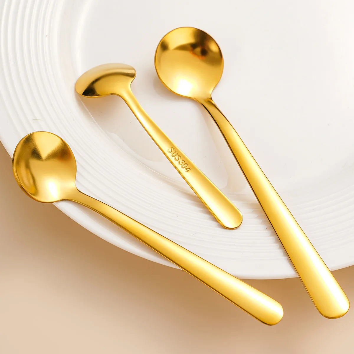 304 Stainless Steel Gold Coffee Stirring Spoon Restaurant Dessert Spoon Light Luxury Mirror Metal Small Round Spoon