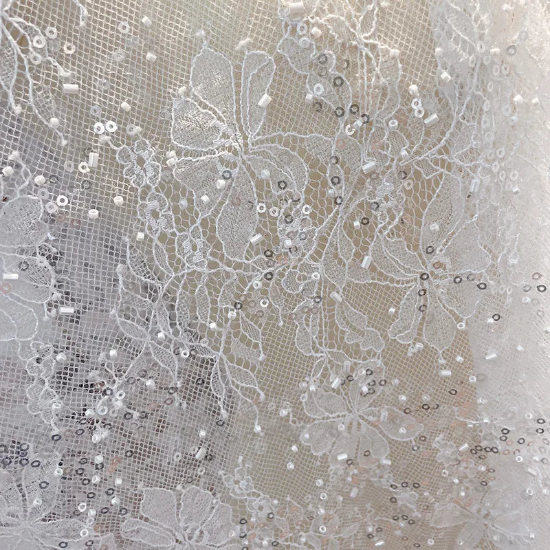 White French Exquisite Beaded Elegant Lace Fabric Soft Feel Sequined Wedding Dress Base Veil Flower Leaf Lace Accessories