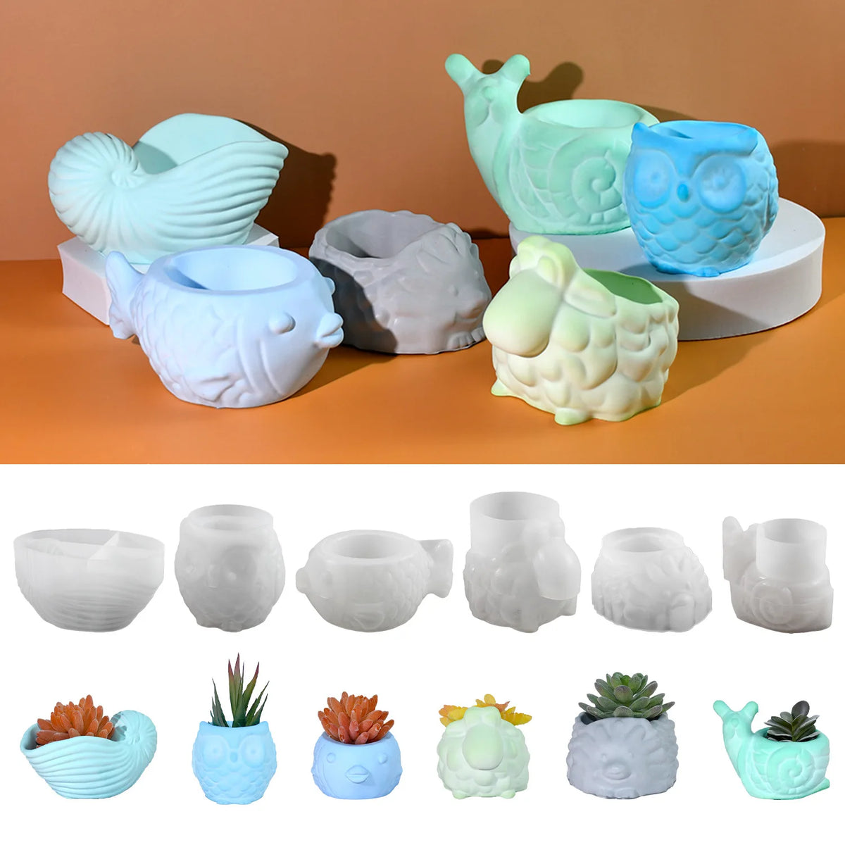 DIY Cement Plaster Multiple Animal-shaped Flower Pot Molds Suitable for Concrete Succulent Vases Silicone Mold Home Decoration MegaBDM