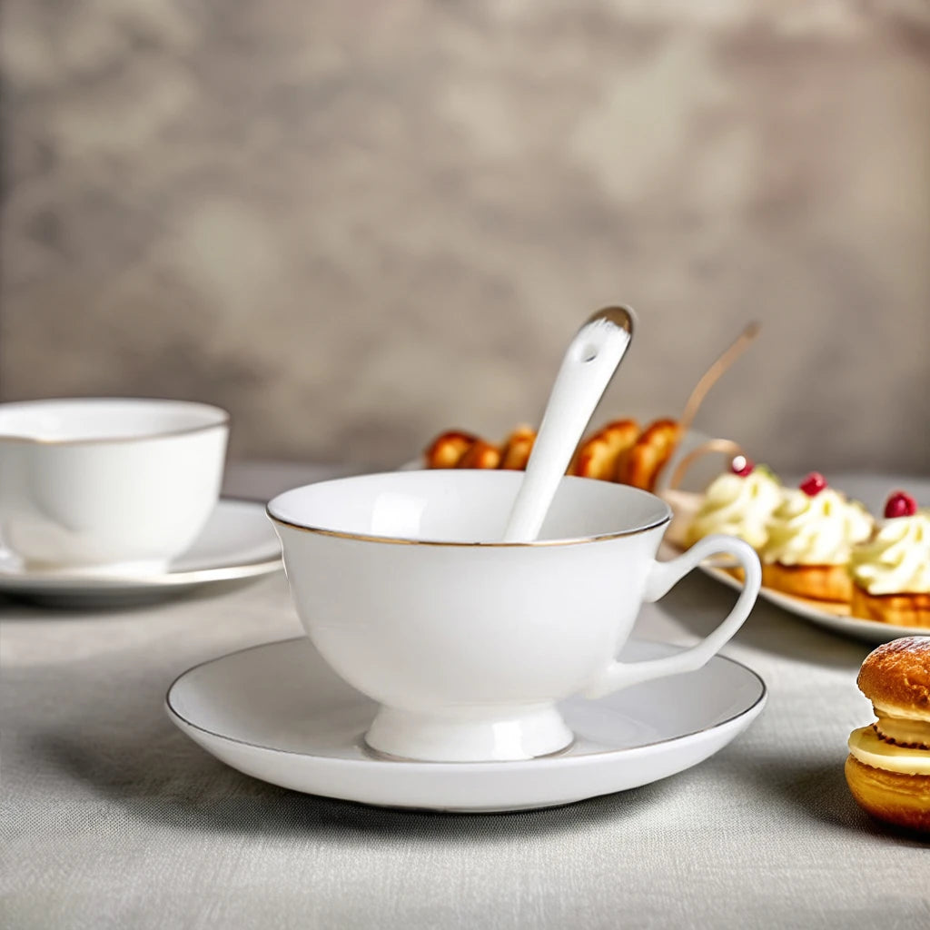 Custom Printed Ceramic Decals Plain White Bone China Tea Coffee Cups and Saucers Espresso Cappuccino Latte Set