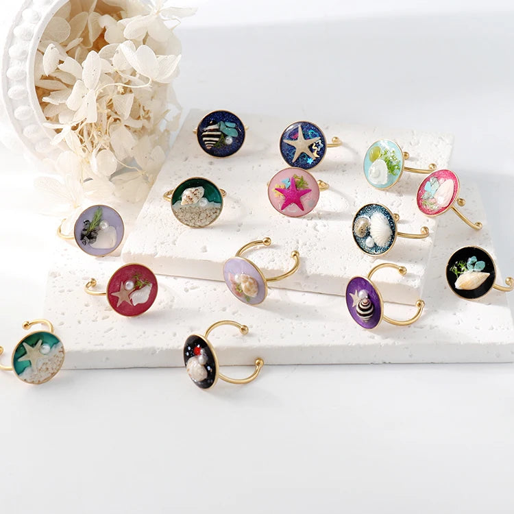 Natural Starfish Sea Resin Open Resizable Gold Stainless Steel Rings Couple Resin Starfish Beach Ring for Women Handmade Jewelry