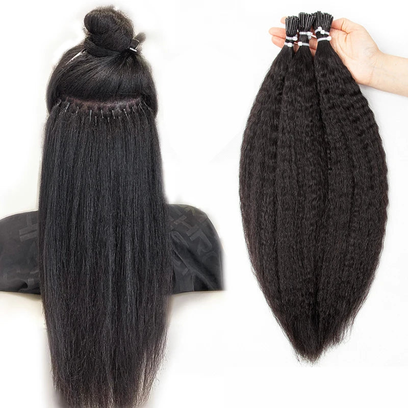 Kinky Straight Microlinks Hair Extensions Human Hair Natural Black I Tip Micro Ring Real Remy Brazilian Hair Machine Double Weft