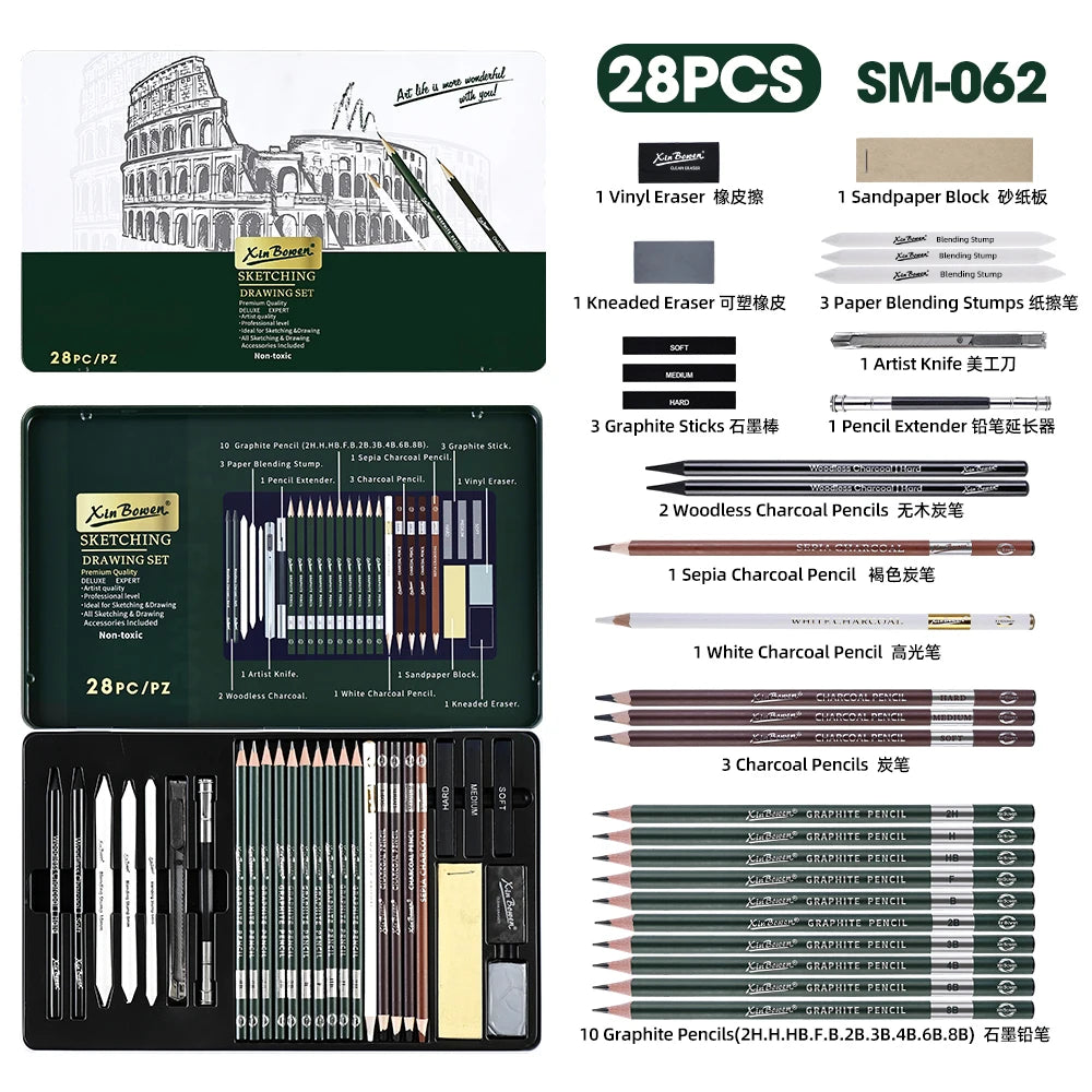 Xin Bowen Sketch Pencil Kit 28-piece Sketch Pencil Set with Pencils/erasers/soft and Hard Graphite/other Art Accessories