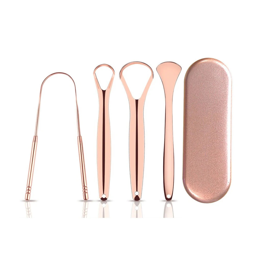 Custom Laser Logo 3PCS Stainless Steel Metal Tongue Cleaners Scraper Brush Set with Case