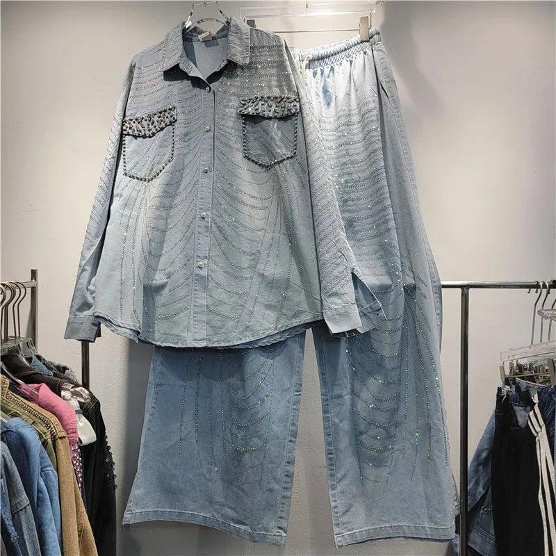 Boutique Wholesale 2026 Autumn New Fashionable Loose Denim Shirt Casual Pants Women's Set