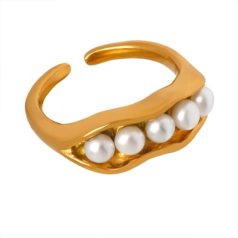 Fashion Pod Shaped Ring Baroque Freshwater Pearl Stainless Steel Gilded Ring