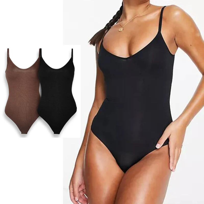Breathable T Back Tummy Control Shapewear Viscose V-neck Sculpting Thong Bodysuit