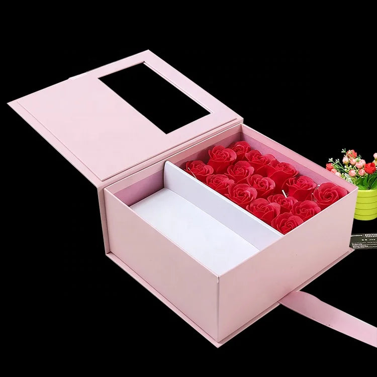 Customized Luxury Cardboard Silk Recycled Materials Rose Gift Box for Lovers Flower Box with Window