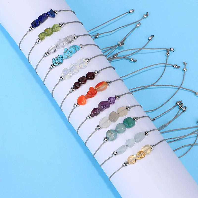 Natural Healing Birthday Stone Crystal Birth Month Gemstone Chip Cord Adjustable Beads Bracelets Set Yoga Energy Fashion Jewelry